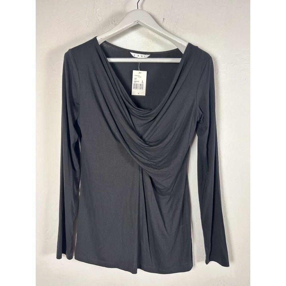 Cabi #137 Womens Black Long-Sleeve Drape Front Drama Tee Top Large Stretch New